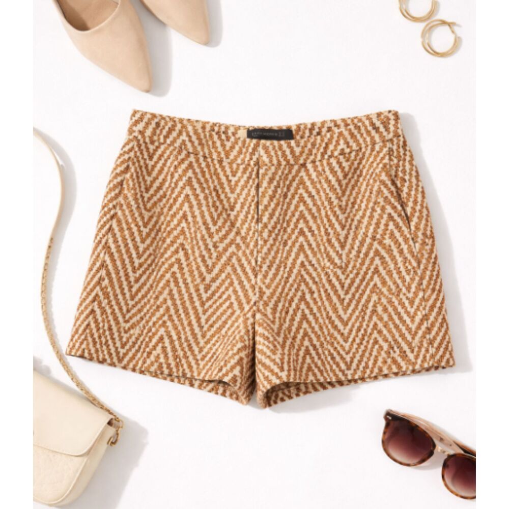 ZARA Woman XS Chevron Tweed Shorts Cream Rust Brown Textured High Waist Pockets